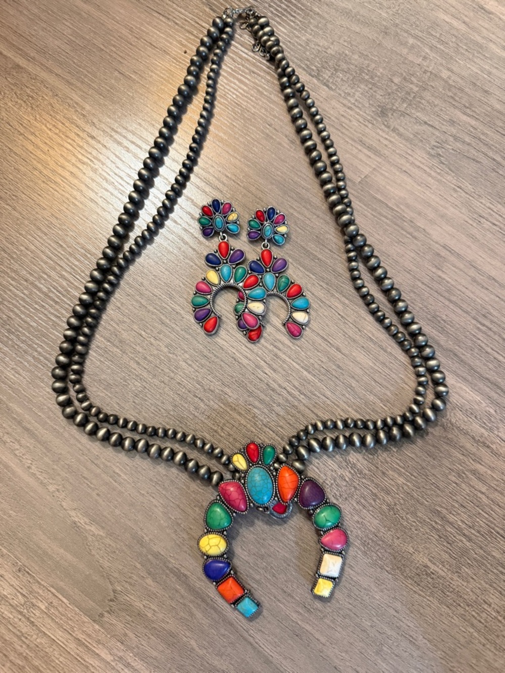 Multicolor Stone Squash Blossom Necklace and Earrings Set